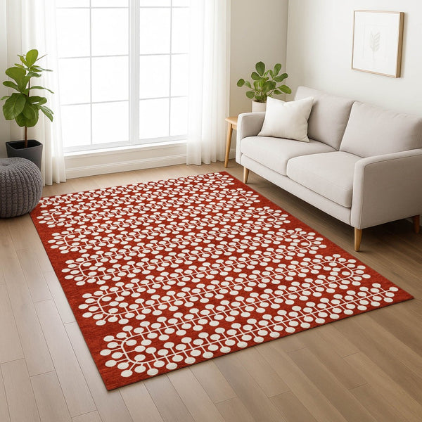 HomeRoots 5' Stylish Red and Ivory Geometric Washable Indoor-Outdoor Area Rug for Versatile Home Décor 640344
