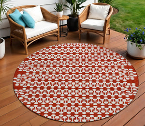 HomeRoots 8' Red and Ivory Round Geometric Indoor Outdoor Area Rug - Stylish, Washable, and Durable Design for All Spaces 640345