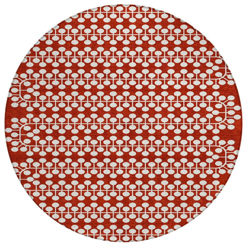 HomeRoots 8' Red and Ivory Round Geometric Indoor Outdoor Area Rug - Stylish, Washable, and Durable Design for All Spaces 640345