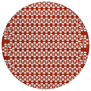 HomeRoots 8' Red and Ivory Round Geometric Indoor Outdoor Area Rug - Stylish, Washable, and Durable Design for All Spaces 640345