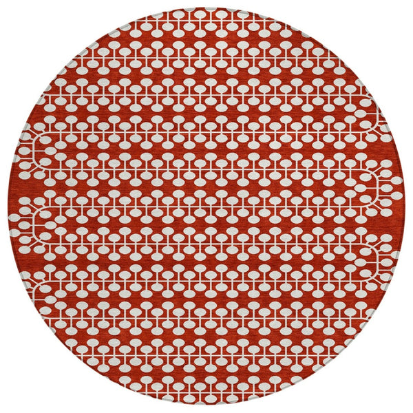 HomeRoots 8' Red and Ivory Round Geometric Indoor Outdoor Area Rug - Stylish, Washable, and Durable Design for All Spaces 640345