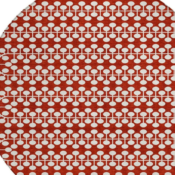 HomeRoots 8' Red and Ivory Round Geometric Indoor Outdoor Area Rug - Stylish, Washable, and Durable Design for All Spaces 640345