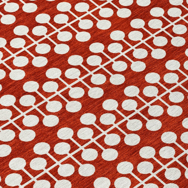 HomeRoots 8' Red and Ivory Round Geometric Indoor Outdoor Area Rug - Stylish, Washable, and Durable Design for All Spaces 640345
