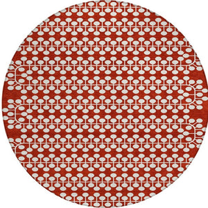 HomeRoots 8' Red and Ivory Round Geometric Indoor Outdoor Area Rug - Stylish, Washable, and Durable Design for All Spaces 640345