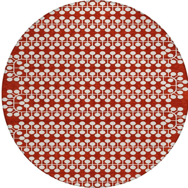 HomeRoots 8' Red and Ivory Round Geometric Indoor Outdoor Area Rug - Stylish, Washable, and Durable Design for All Spaces 640345