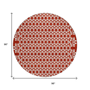 HomeRoots 8' Red and Ivory Round Geometric Indoor Outdoor Area Rug - Stylish, Washable, and Durable Design for All Spaces 640345