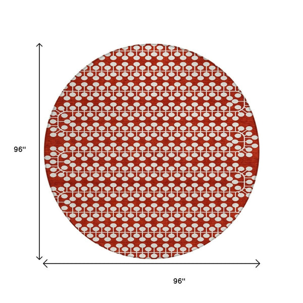 HomeRoots 8' Red and Ivory Round Geometric Indoor Outdoor Area Rug - Stylish, Washable, and Durable Design for All Spaces 640345