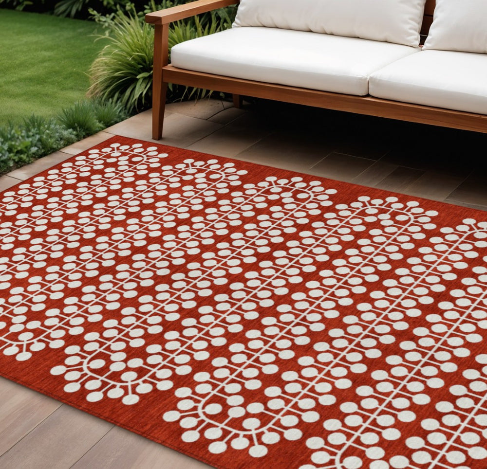 HomeRoots 10' X 14' Red and Ivory Geometric Area Rug - Stylish, Washable, Durable for Indoor & Outdoor Use! 640348
