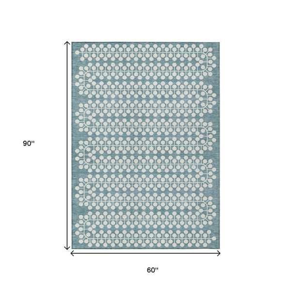 HomeRoots 5' X 8' Teal Blue & Ivory Geometric Area Rug - Stylish, Washable, Durable for Indoor & Outdoor Use! 640350