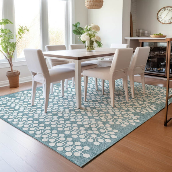 HomeRoots 5' X 8' Teal Blue & Ivory Geometric Area Rug - Stylish, Washable, Durable for Indoor & Outdoor Use! 640350