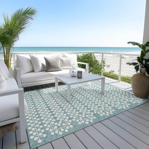 HomeRoots 5' X 8' Teal Blue & Ivory Geometric Area Rug - Stylish, Washable, Durable for Indoor & Outdoor Use! 640350
