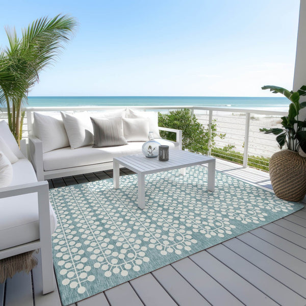 HomeRoots 5' X 8' Teal Blue & Ivory Geometric Area Rug - Stylish, Washable, Durable for Indoor & Outdoor Use! 640350