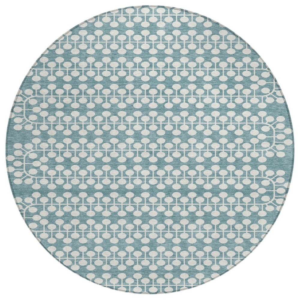 HomeRoots 8' Teal Blue Geometric Round Area Rug - Washable, Durable, Stylish for Indoor & Outdoor Spaces! 640351