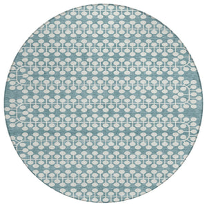 HomeRoots 8' Teal Blue Geometric Round Area Rug - Washable, Durable, Stylish for Indoor & Outdoor Spaces! 640351