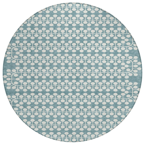 HomeRoots 8' Teal Blue Geometric Round Area Rug - Washable, Durable, Stylish for Indoor & Outdoor Spaces! 640351