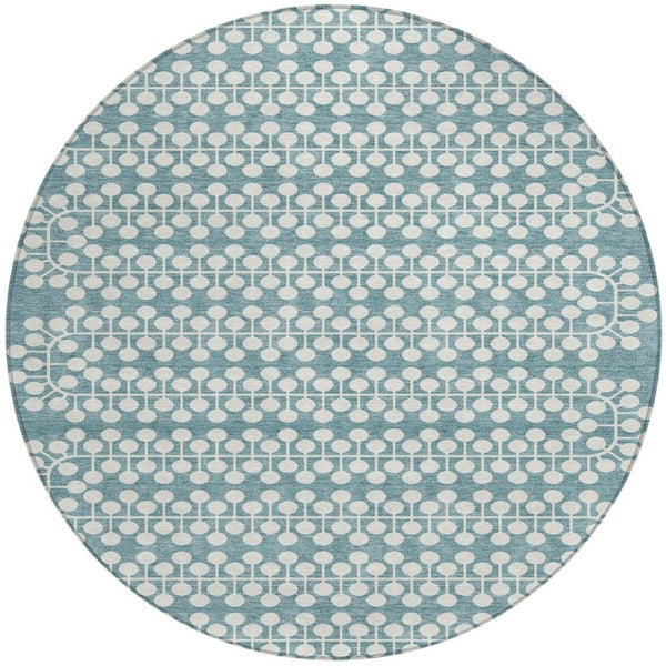 HomeRoots 8' Teal Blue Geometric Round Area Rug - Washable, Durable, Stylish for Indoor & Outdoor Spaces! 640351