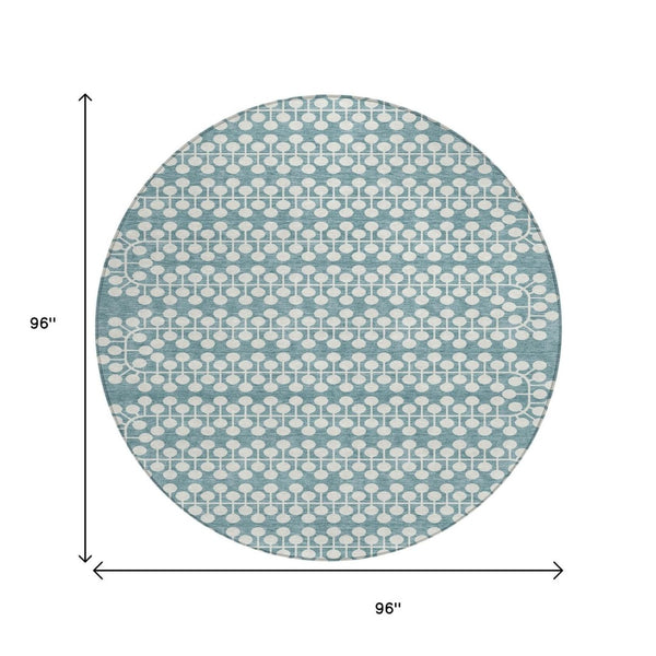 HomeRoots 8' Teal Blue Geometric Round Area Rug - Washable, Durable, Stylish for Indoor & Outdoor Spaces! 640351