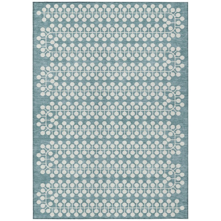 HomeRoots 8x10 Geometric Teal Ivory Polyester Area Rug Washable for Patios and Living Rooms 640352