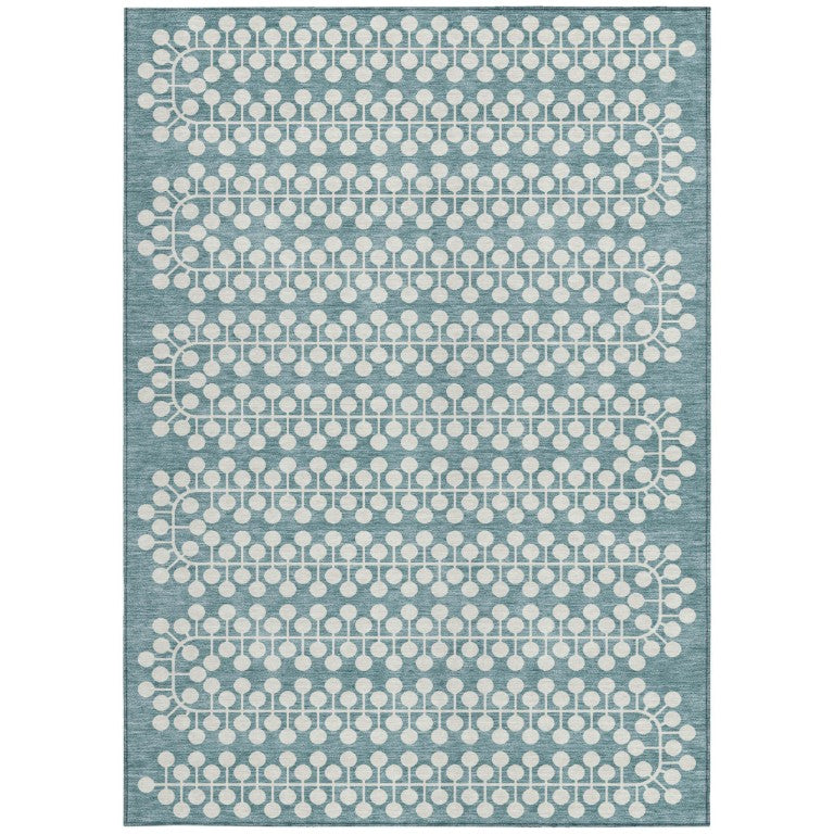 HomeRoots 8x10 Geometric Teal Ivory Polyester Area Rug Washable for Patios and Living Rooms 640352