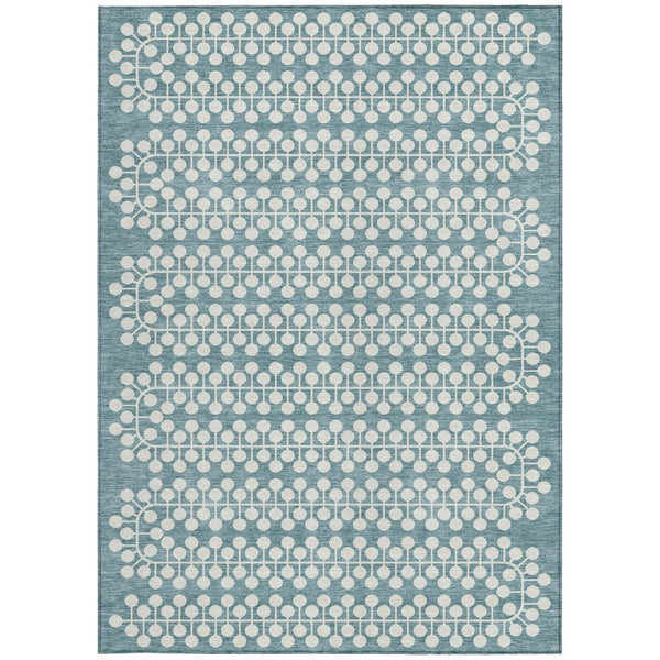 HomeRoots 8' X 10' Stylish Teal Blue & Ivory Geometric Area Rug - Washable, Durable for Indoor/Outdoor Use! 640352