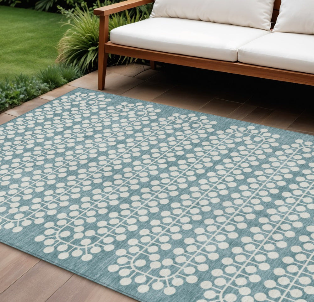 HomeRoots 10' X 14' Teal Blue & Ivory Geometric Area Rug - Stylish, Durable, Washable for Indoor & Outdoor Use 640354