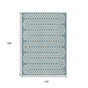 HomeRoots 10' X 14' Teal Blue & Ivory Geometric Area Rug - Stylish, Durable, Washable for Indoor & Outdoor Use 640354