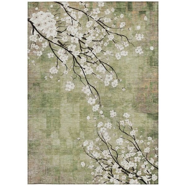 HomeRoots 5' X 8' Elegant Floral Area Rug in Artichoke Green, Ivory & Charcoal - Washable for Indoors & Outdoors 640356
