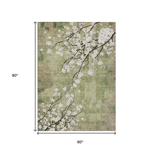HomeRoots 5' X 8' Elegant Floral Area Rug in Artichoke Green, Ivory & Charcoal - Washable for Indoors & Outdoors 640356