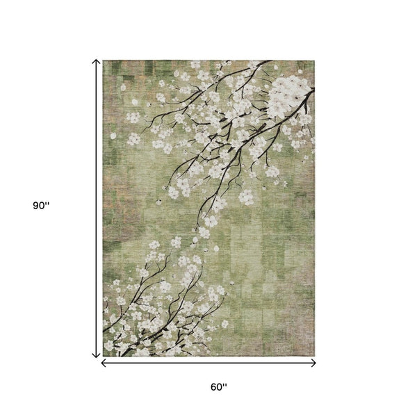 HomeRoots 5' X 8' Elegant Floral Area Rug in Artichoke Green, Ivory & Charcoal - Washable for Indoors & Outdoors 640356