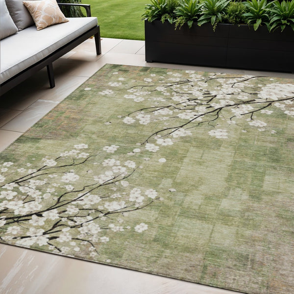 HomeRoots 5' X 8' Elegant Floral Area Rug in Artichoke Green, Ivory & Charcoal - Washable for Indoors & Outdoors 640356
