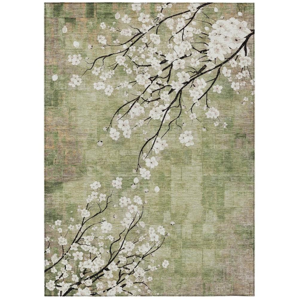 HomeRoots 5' X 8' Elegant Floral Area Rug in Artichoke Green, Ivory & Charcoal - Washable for Indoors & Outdoors 640356