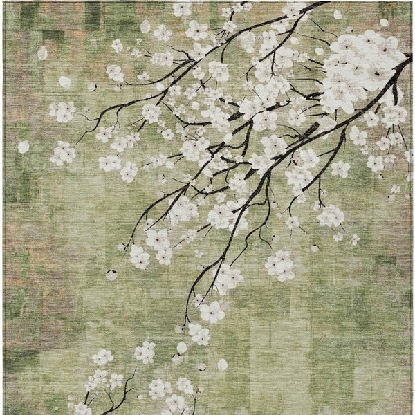 HomeRoots 5' X 8' Elegant Floral Area Rug in Artichoke Green, Ivory & Charcoal - Washable for Indoors & Outdoors 640356