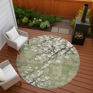 HomeRoots 8' Round Floral Area Rug in Artichoke Green, Ivory & Charcoal – Washable for Indoor & Outdoor Use 640357
