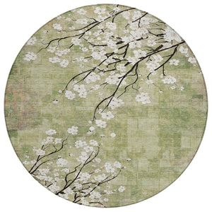 HomeRoots 8' Round Floral Area Rug in Artichoke Green, Ivory & Charcoal – Washable for Indoor & Outdoor Use 640357
