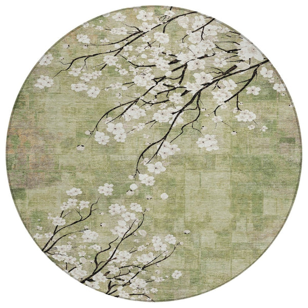 HomeRoots 8' Round Floral Area Rug in Artichoke Green, Ivory & Charcoal – Washable for Indoor & Outdoor Use 640357