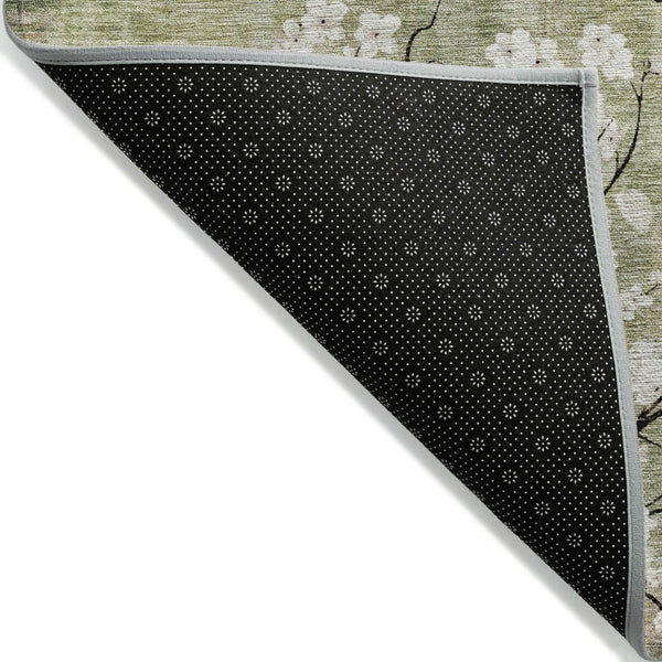 HomeRoots 8' Round Floral Area Rug in Artichoke Green, Ivory & Charcoal – Washable for Indoor & Outdoor Use 640357