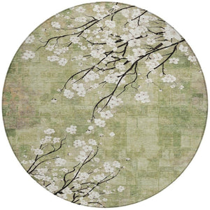HomeRoots 8' Round Floral Area Rug in Artichoke Green, Ivory & Charcoal – Washable for Indoor & Outdoor Use 640357