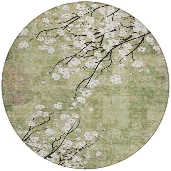 HomeRoots 8' Round Floral Area Rug in Artichoke Green, Ivory & Charcoal – Washable for Indoor & Outdoor Use 640357