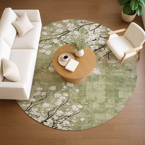 HomeRoots 8' Round Floral Area Rug in Artichoke Green, Ivory & Charcoal – Washable for Indoor & Outdoor Use 640357