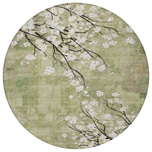 HomeRoots 8' Round Floral Area Rug in Artichoke Green, Ivory & Charcoal – Washable for Indoor & Outdoor Use 640357
