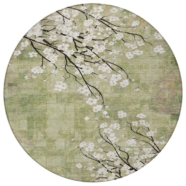 HomeRoots 8' Round Floral Area Rug in Artichoke Green, Ivory & Charcoal – Washable for Indoor & Outdoor Use 640357