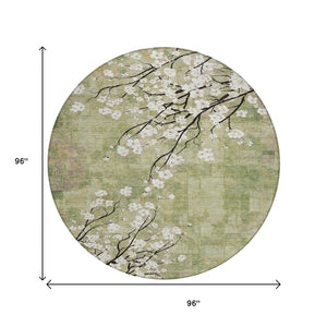 HomeRoots 8' Round Floral Area Rug in Artichoke Green, Ivory & Charcoal – Washable for Indoor & Outdoor Use 640357