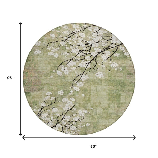 HomeRoots 8' Round Floral Area Rug in Artichoke Green, Ivory & Charcoal – Washable for Indoor & Outdoor Use 640357