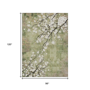 HomeRoots 8' X 10' Elegant Artichoke Green Floral Rug - Washable, Indoor/Outdoor, Durable for High-Traffic Areas 640358