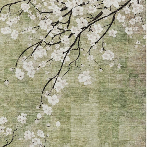 HomeRoots 8' X 10' Elegant Artichoke Green Floral Rug - Washable, Indoor/Outdoor, Durable for High-Traffic Areas 640358