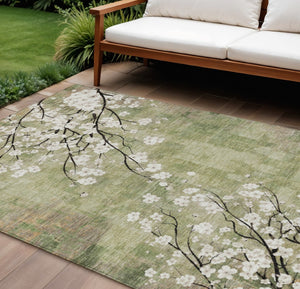 HomeRoots 9' X 12' Durable Artichoke Green Floral Area Rug – Stylish, Washable, Indoor/Outdoor Versatility! 640359
