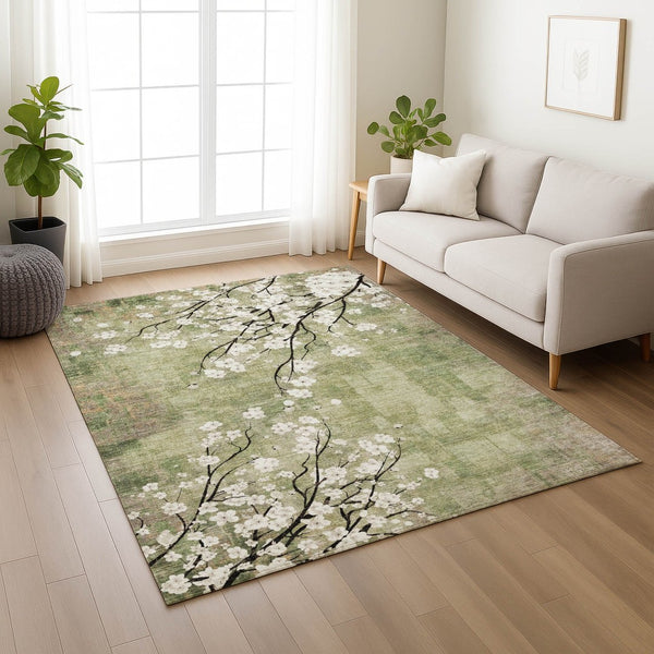 HomeRoots 9' X 12' Durable Artichoke Green Floral Area Rug – Stylish, Washable, Indoor/Outdoor Versatility! 640359