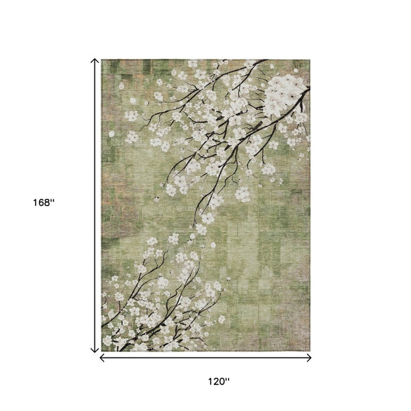 HomeRoots 10' Artichoke Green Floral Washable Area Rug – Durable, Stylish, Indoor & Outdoor Versatility! 640360