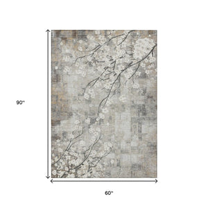 HomeRoots 5' Washable Indoor Outdoor Area Rug in Beige, Ivory & Gray Floral Design - Durable & Stylish! 640362