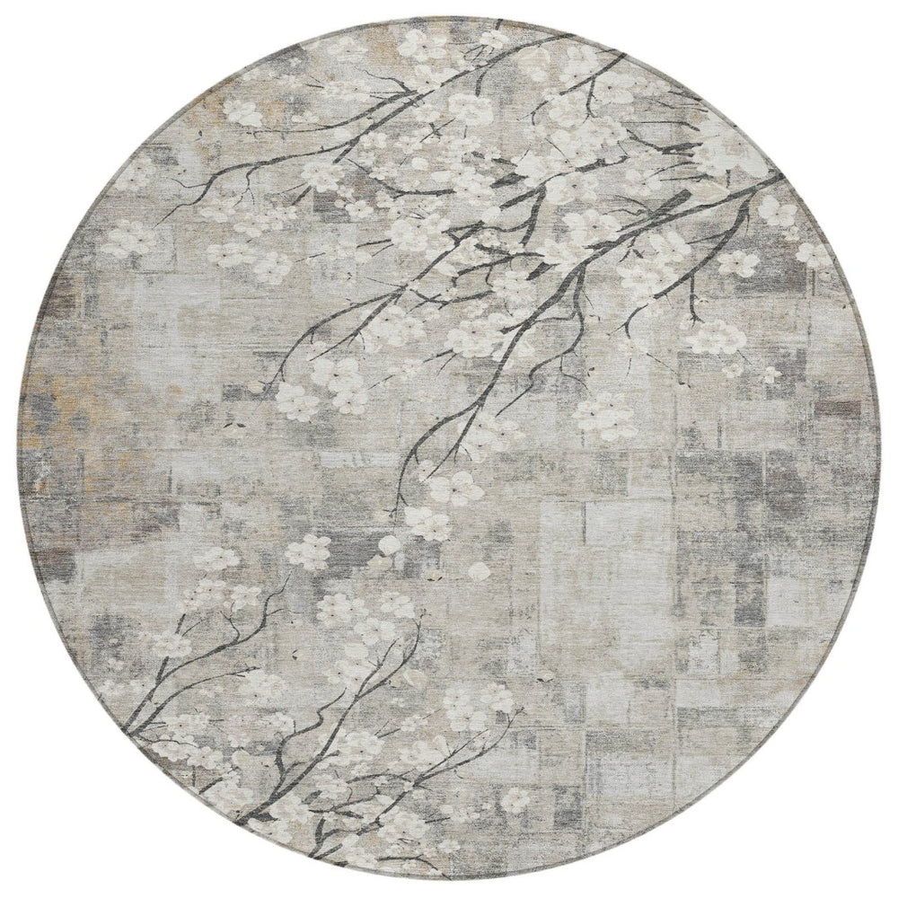 HomeRoots 8' Beige Ivory and Gray Round Floral Area Rug - Washable, Durable, Indoor/Outdoor Charm for Any Space 640363